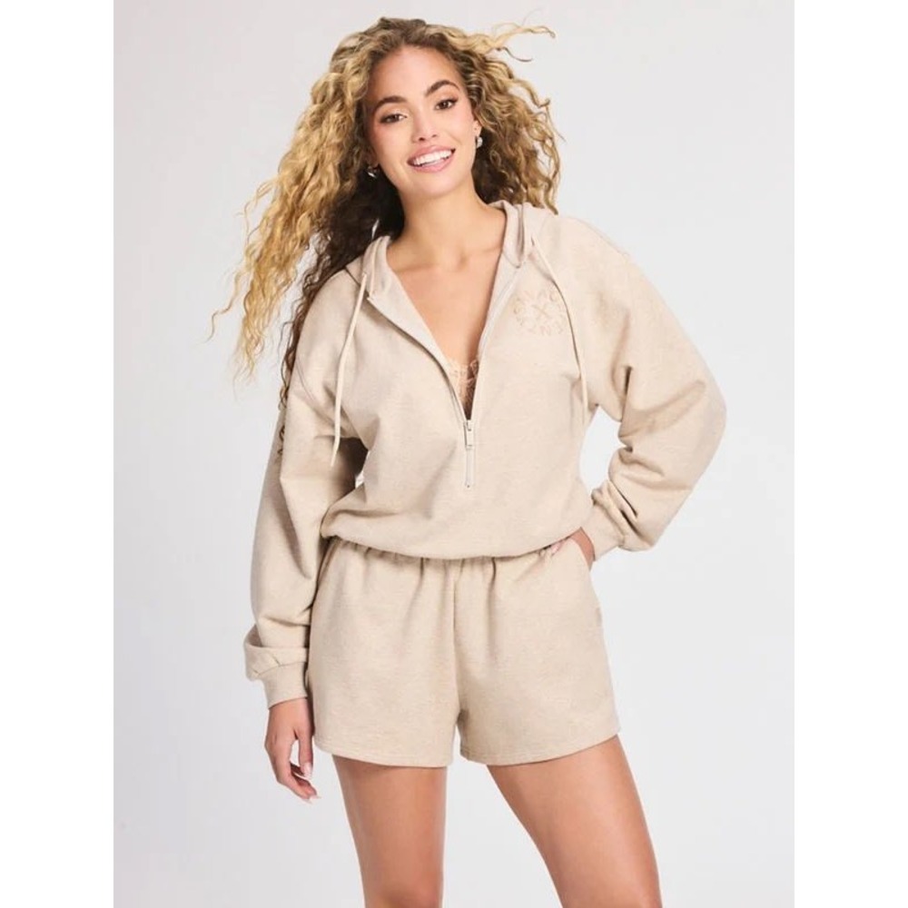 Savage X Fenty Hooded Romper Quarter Zip Fleece Beige Women's Size Small NWT